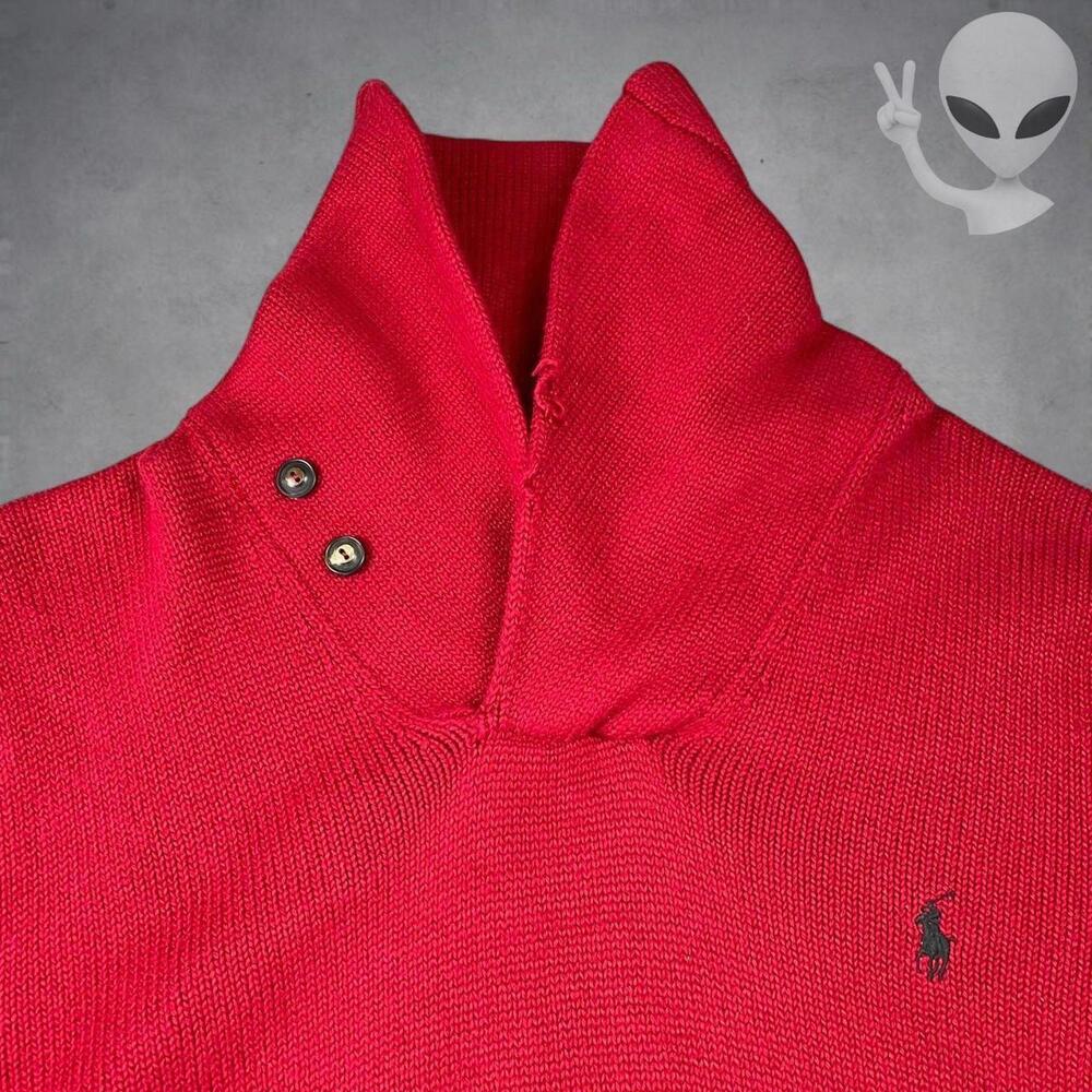 Vintage Polo Ralph Lauren Red Shawl Collar Sweater Black Stripe Medium Preppy - Picture 6 of 8